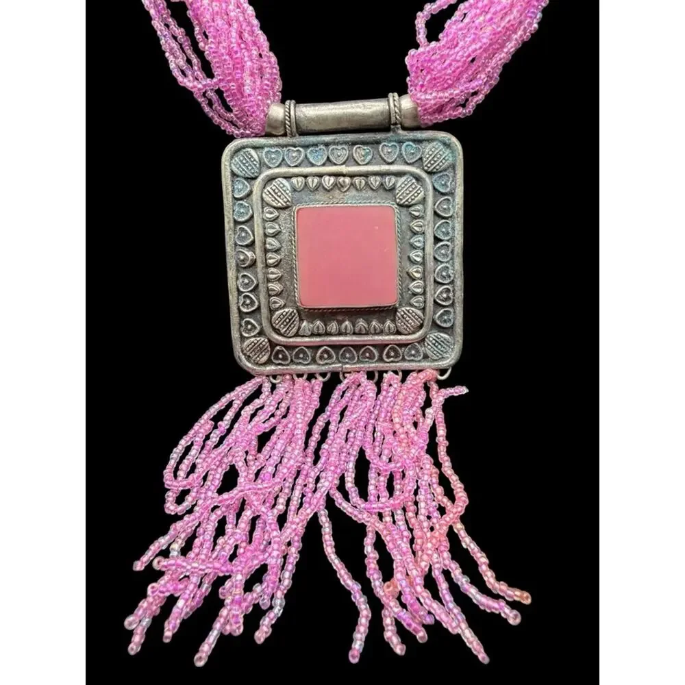 Handmade Pink Multi-Strand Beaded Necklace with Ornate Square Pendant